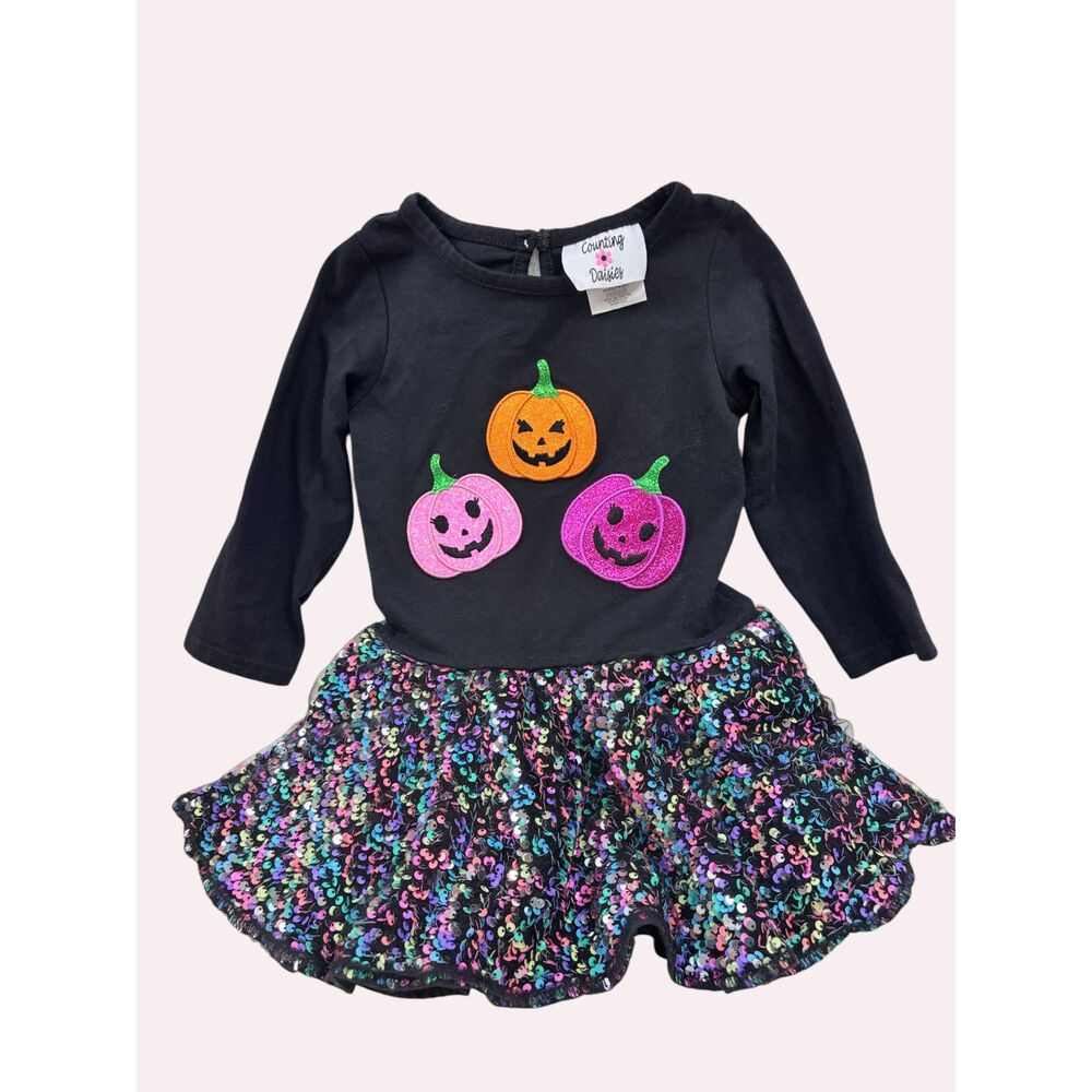 Girl's Pumpkin Appliqued Dress Halloween Costume Colorful Sequined Skirt 2T